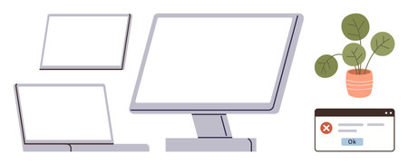 Desktop monitor, laptop, tablet, error message pop-up, and potted plant. Ideal for productivity,...