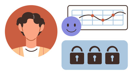 Portrait alongside a growth chart, smiling emotion, and three locks symbolizes personal data,...