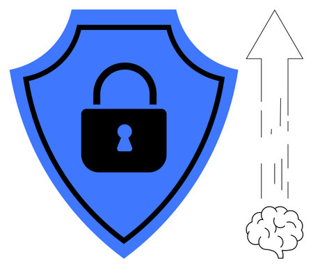 Blue shield with centered lock, brain, and arrow symbolizing protection, innovation, upward growth....