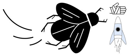Black fly with movement lines, hand gesture indicating approval, and minimalist rocket suggesting...