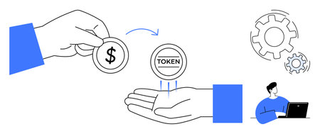 Hand giving dollar coin, receiving token, gear mechanism, person working on laptop. Ideal for...