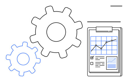 Gears symbolize processes next to a clipboard displaying a graph and checklist. Ideal for teamwork,...