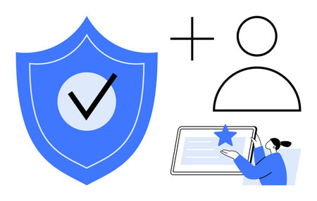 Blue shield with checkmark, user icon, and person adjusting settings on tablet. Ideal for privacy,...