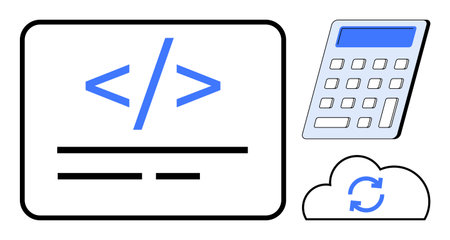 Coding element with blue tags, calculator for computation, cloud sync icon. Ideal for programming,...