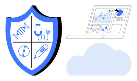 Shield with health icons representing equipment and medication, cloud element, and laptop with...