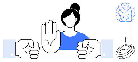 Female figure refuses with raised hand as hands offer. Brain and coin symbolize AI, decision-making....