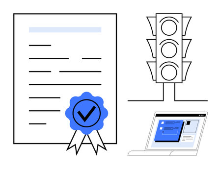 Certification paper with blue check medal, red-yellow-green traffic light, and open laptop. Ideal...