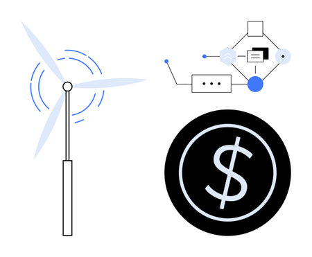 Wind turbine, financial dollar symbol, and networked diagram. Ideal for sustainability, renewable...
