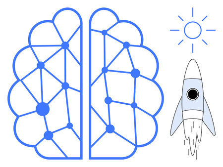 Abstract neural brain with intersecting lines and dots, rocket indicating innovation, sun for bright...