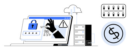 Laptop with a lock, ransomware alert, hand holding key, cloud, dollar sign, and server. Ideal for...