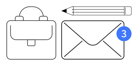 Briefcase, envelope with notification alert, and pencil showcasing work, messaging, productivity,...
