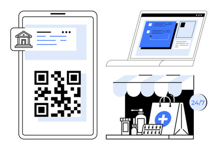 QR code on smartphone, online form on laptop, and 247 pharmacy storefront. Ideal for fintech,...