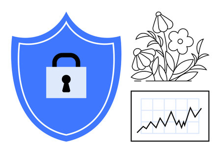 Blue shield with a padlock symbolizing security, floral decoration denoting balance and growth, and...