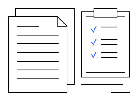 Document pages with text lines next to a clipboard holding a checklist with blue check marks. Ideal...