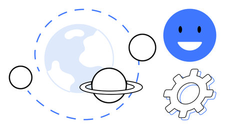 Earth, orbiting planets, and Saturn-thumbs up design with a happy face and gear icon represent...