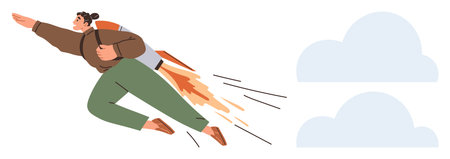 Person flying with a rocket-powered jetpack, aiming forward towards success over clouds. Ideal for...