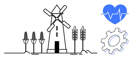 Windmill surrounded by corn and wheat fields, blue heart with pulse line, and gear. Ideal for...