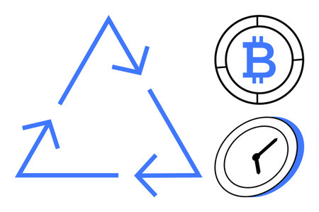 Circular arrows form a triangle representing sustainability with a Bitcoin icon showcasing digital...