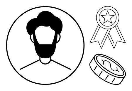 Circular avatar with a bearded figure, award ribbon with star, and a coin to represent success....