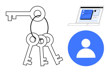 Keys representing access, blue user icon, and laptop with login screen interface. Ideal for...