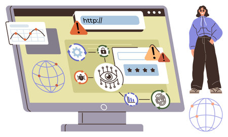 Computer displaying cybersecurity warnings, secure login, threat alerts, and internet-related icons....