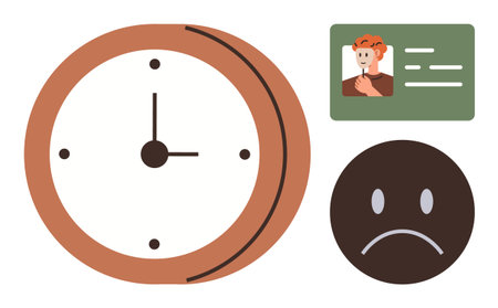 Analog clock, ID card with portrait, and sad face symbolizing time management, identity issues,...