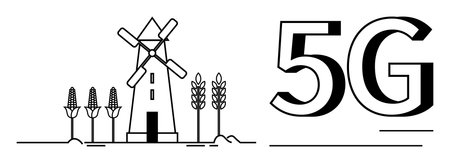Windmill and crops beside bold 5G text blend technology and agriculture. Ideal for agriculture,...
