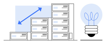 Stacked server racks reflect data scalability while light bulb symbolizes creativity and innovation....