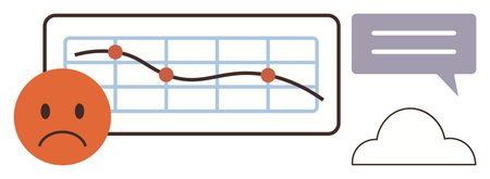 Sad face next to a downward trend graph, speech bubble, and cloud. Ideal for business challenges,...