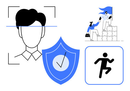 Face recognition, security shield with checkmark, leaders assisting each other to climb steps,...