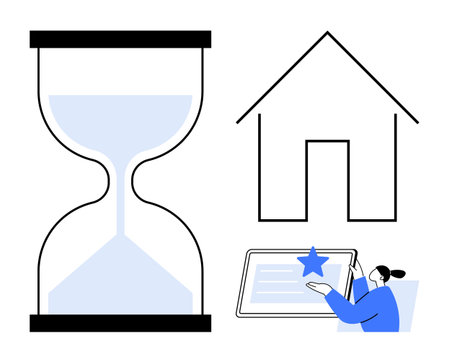 Hourglass represents time, house symbolizes remote work, person selects a digital feature. Ideal for...