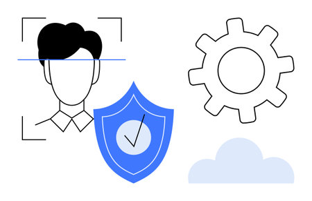 Face recognition scan, security shield with checkmark, gear icon, and cloud element. Ideal for...