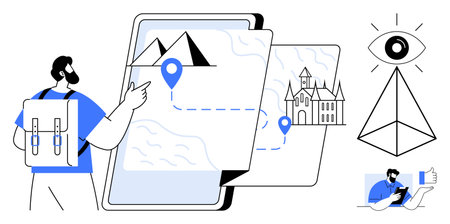 Traveler with backpack pointing at a digital map showcasing pathways, landmarks, and pyramids. Ideal...