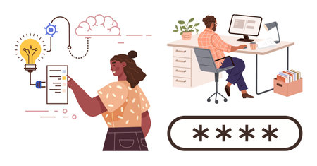 Woman interacting with innovation workflow man working at desk on computer. Ideal for productivity, creativity, teamwork, innovation, technology, cybersecurity, knowledge. Modern simple flatのイラスト素材