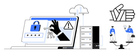Hand holding key with digital lock, alert sign, server, cloud, scales balancing people. Ideal for...