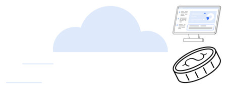 Cloud with digital coin and computer screen displaying data analytics. Ideal for finance, cloud...