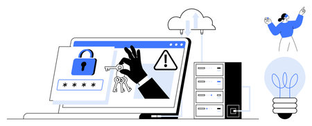 Laptop screen shows lock, keys, and warning signs symbolizing data security. Server, cloud, and...