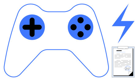 Game controller, lightning bolt, and signed document. Ideal for gaming, technology, productivity,...