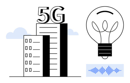 High-rise building with skyscraper labeled 5G, glowing light bulb as innovation, sound wave for...