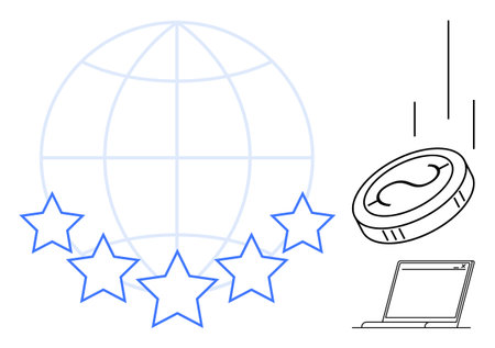 Globe with stars symbolizing worldwide quality, a coin representing finance, and a laptop. Ideal for...