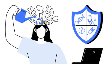 Woman watering flowers growing from her head symbolizes mental health, creativity, and self-care. Shield with medical icons represents health protection. Ideal for wellness, healthcareのイラスト素材