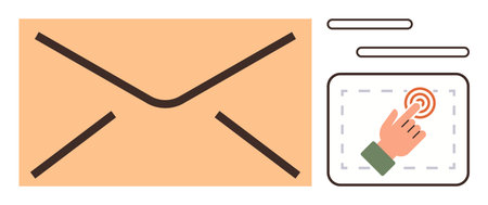 Large envelope next to a hand clicking on a button in a graphical interface. Ideal for email,...