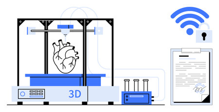 3D printer producing realistic heart model, clipboard with secure-certified document, wireless...