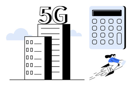 High-rise towers labeled 5G, large calculator, and a person speeding on a futuristic vehicle. Ideal...