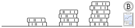 Stacks of coins growing in size, Bitcoin icon, and financial chart represent cryptocurrency growth,...