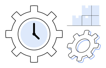 Gear with clock face, smaller gear, and 4-piece puzzle block illustrating interconnected concepts...