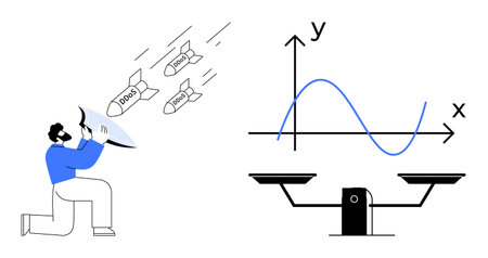 Person blocking cyber threats with shield labeled DDoS, graph depicting mathematical curve, scales...