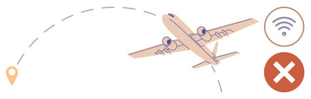 Airplane on curved dotted path, location pin, wireless icon, and prohibition sign. Ideal for travel,...