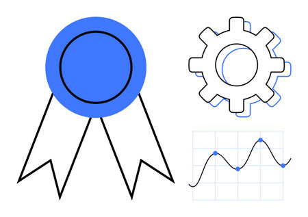 Blue award badge, gear mechanism, and line graph with data points. Ideal for concepts of success,...