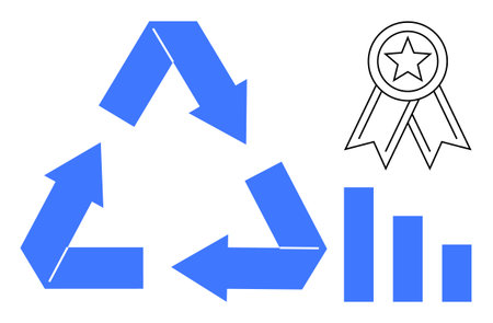 Blue recycling symbol, bar graph, and award ribbon together emphasize eco-friendly practices and...